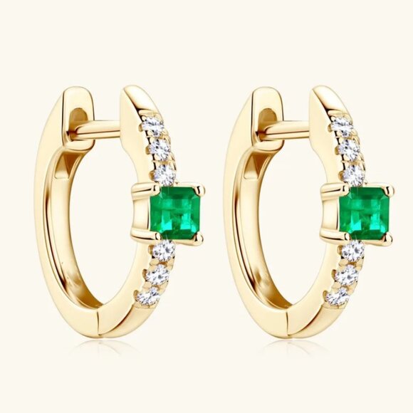 14K Gold 2ct Green Emerald 1ct Diamond Womens Huggie Hoop Gemstone Earrings NEW - Picture 3 of 6